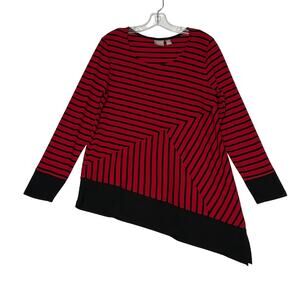 Chicos Bi Color Rib Stripe Tunic Long Sleeve Red Black Womens 2 Large 12 14